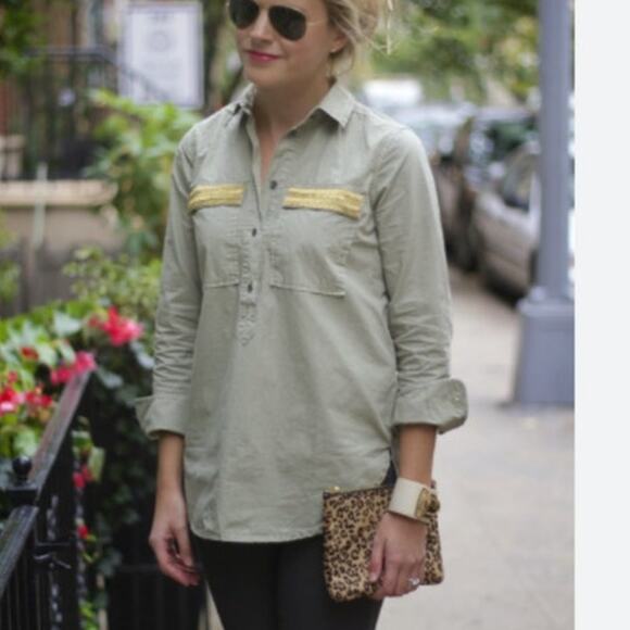 J Crew Chevron Popover  Button up blouse Beaded Gold Green Size 4 Gopcore Style - Picture 1 of 7